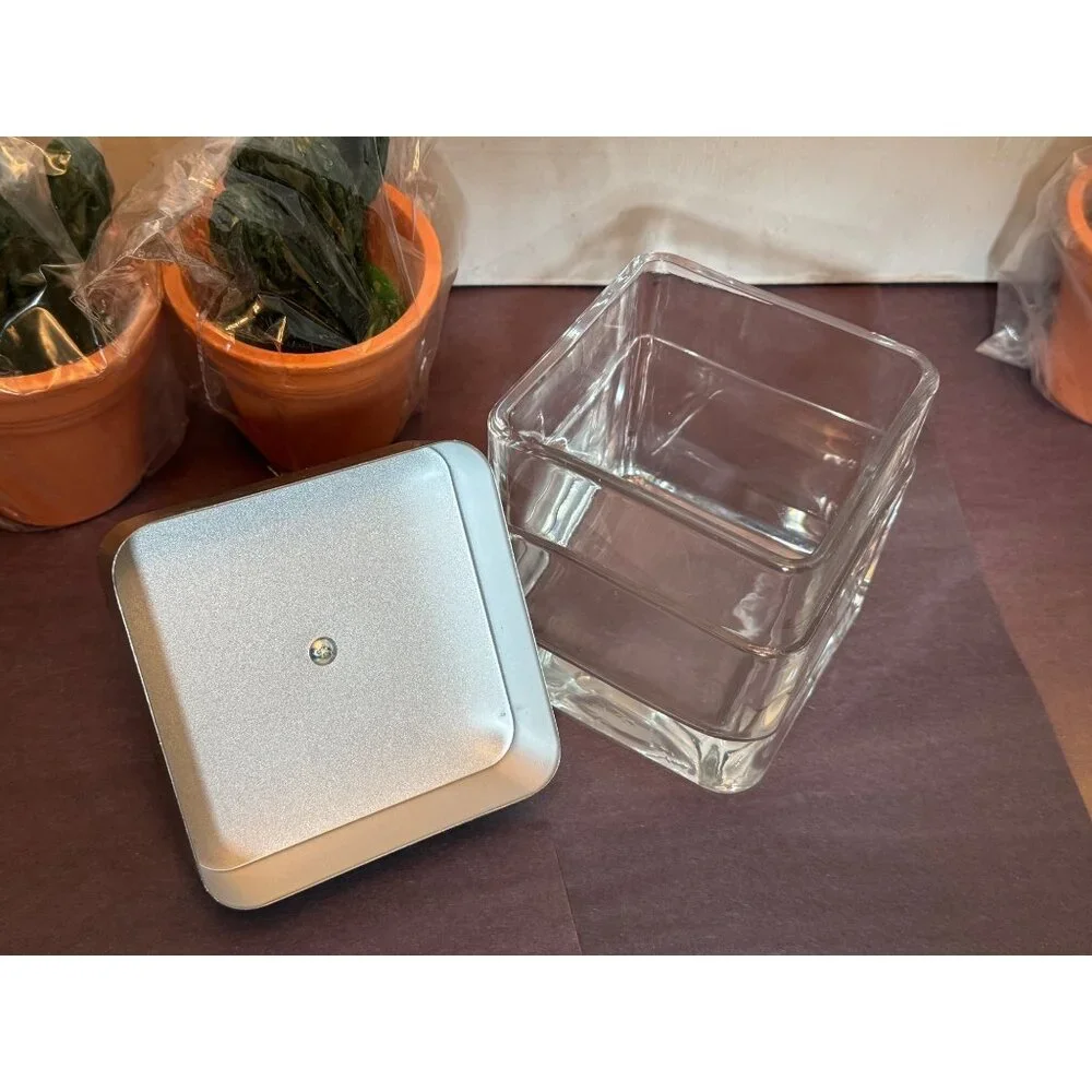 Square Thick Clear Glass Covered Storage Jar With Brushed Silver Lid